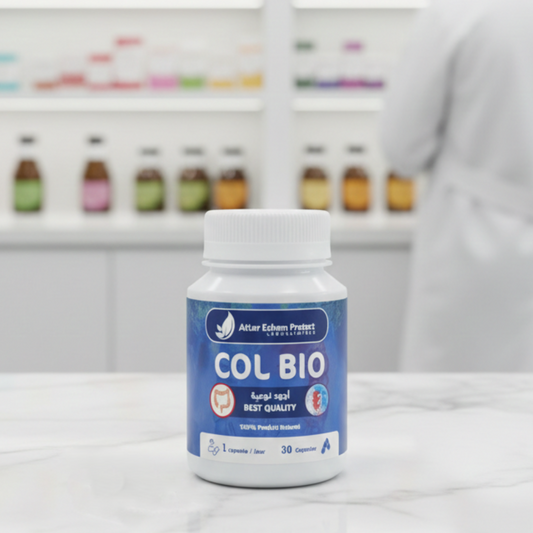 Bottle of COL BIO supplement on a counter with a blurred laboratory setting in the background
